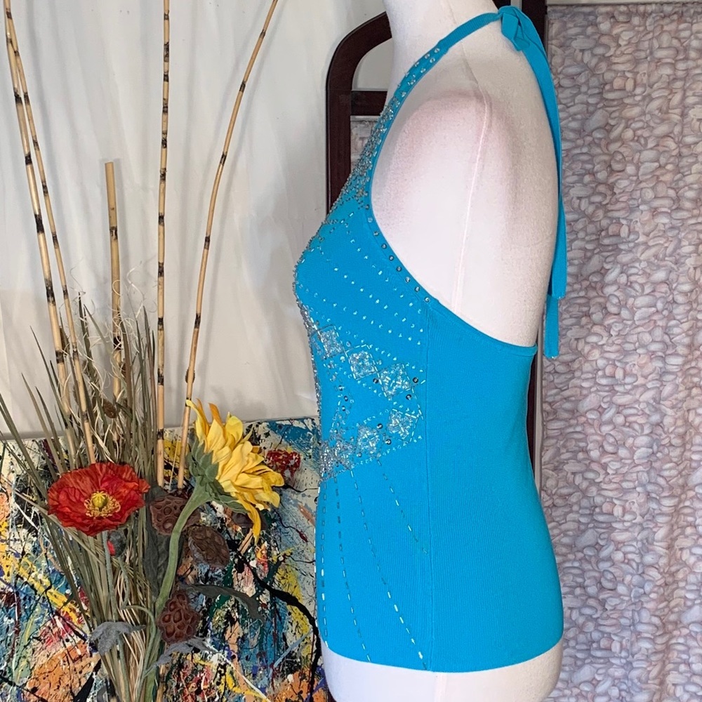 Cache blue halter tee top with beads and sequins. - Picture 4 of 8